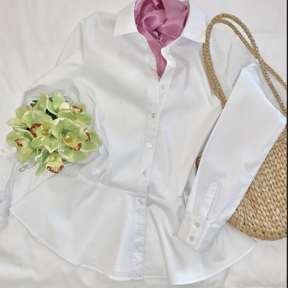 Chocolate Tops - NWOT white cotton blend button down peplum shirt